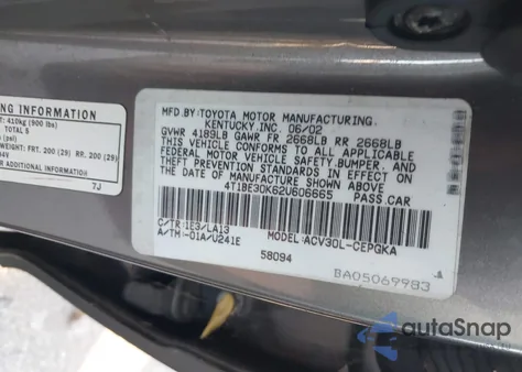 2002 Toyota Camry Le/Xle/Se from USA, damaged, VIN 4T1BE30K62U606665